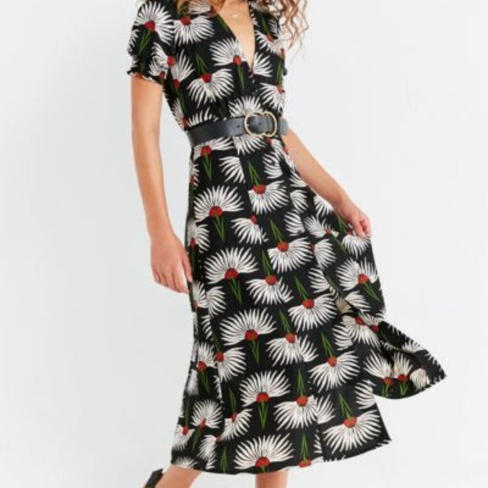 Urban Outfitters Plunging Midi Dress, Floral Art Deco design, size small